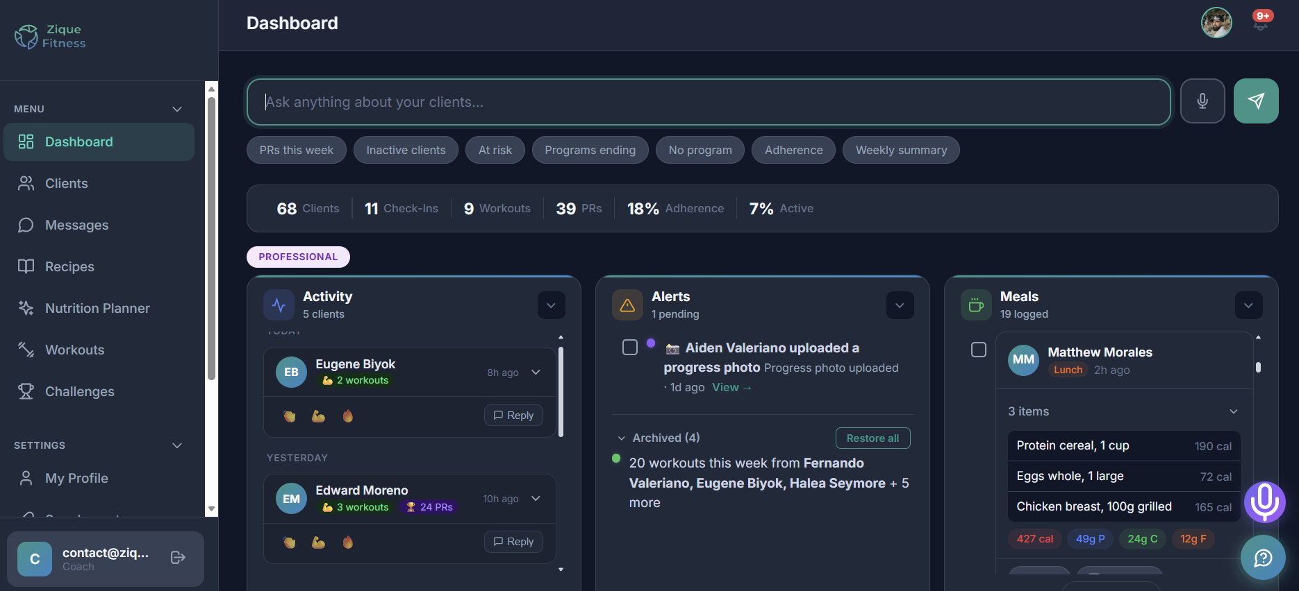 Coach Dashboard — manage clients, track check-ins, workouts, PRs, and adherence at a glance